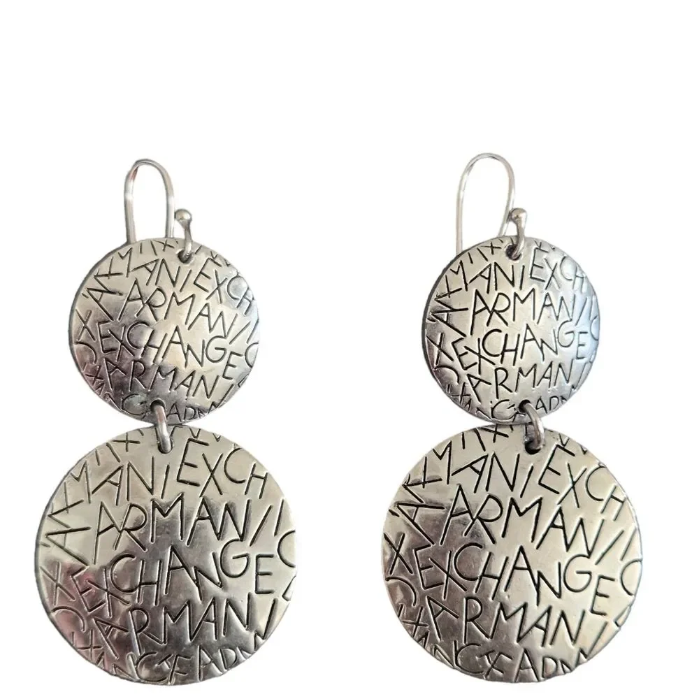Vintage Silvertone Armani Exchange Allover Print Designer Logo Pierced Earrings